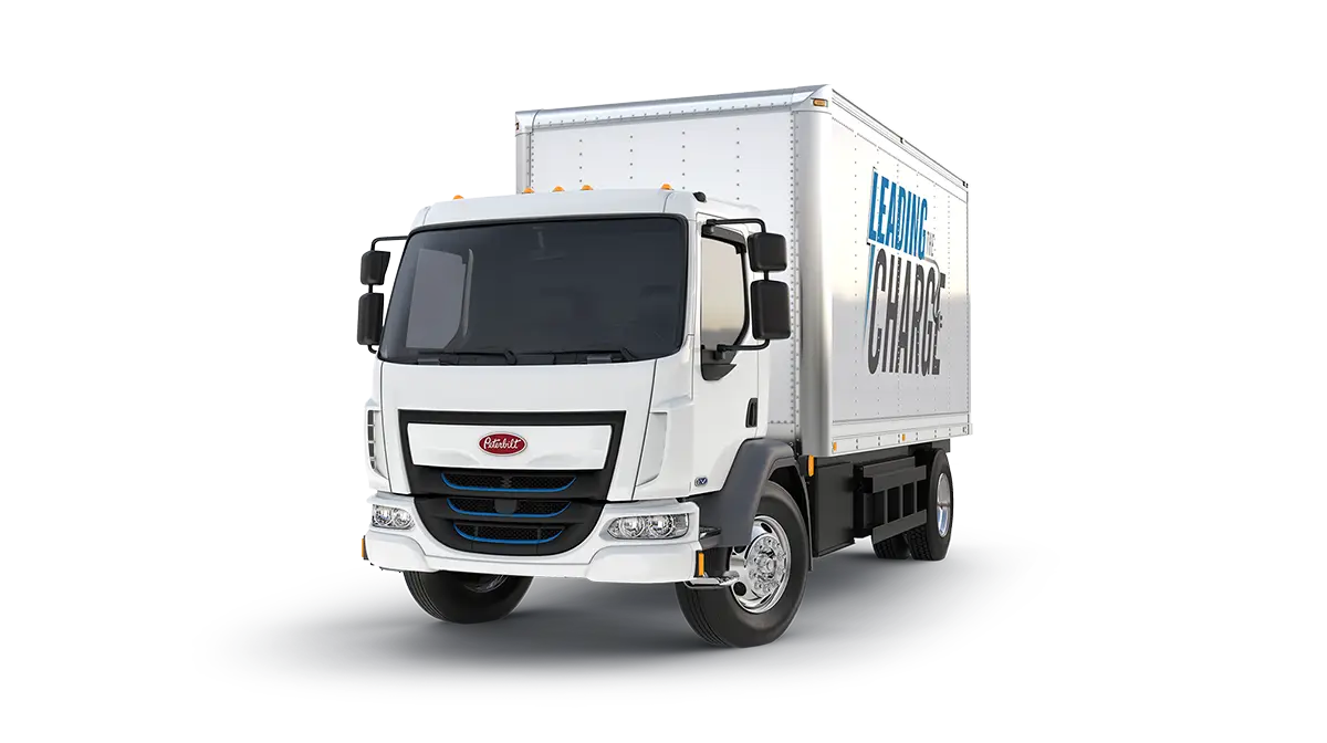 Peterbilt Model 220EV Electric White Truck with White Box Body Isolated - Feature Image