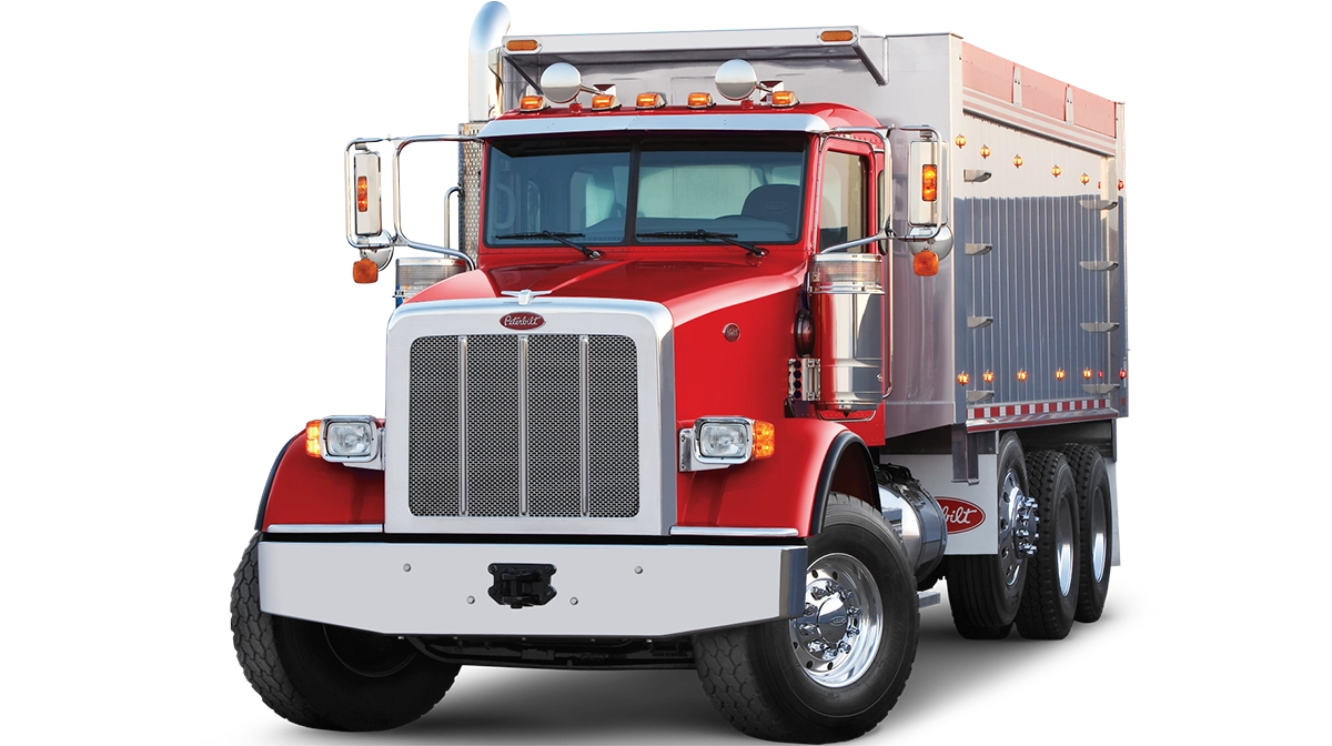 Peterbilt Model 367 Vocational Red Truck with Polished Aluminum Dump Body Isolated - Feature Image