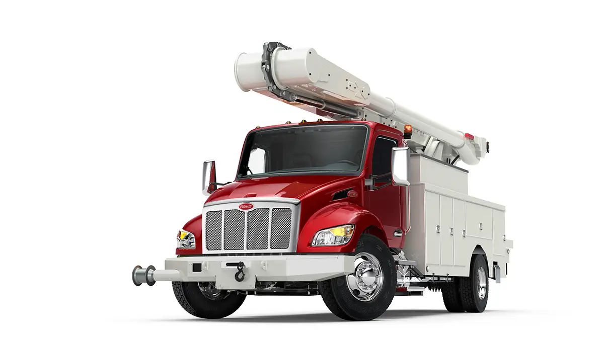 Peterbilt Model 537 Medium Duty Red Truck with White Bucket Boom and Utility Box Isolated - Thumbnail